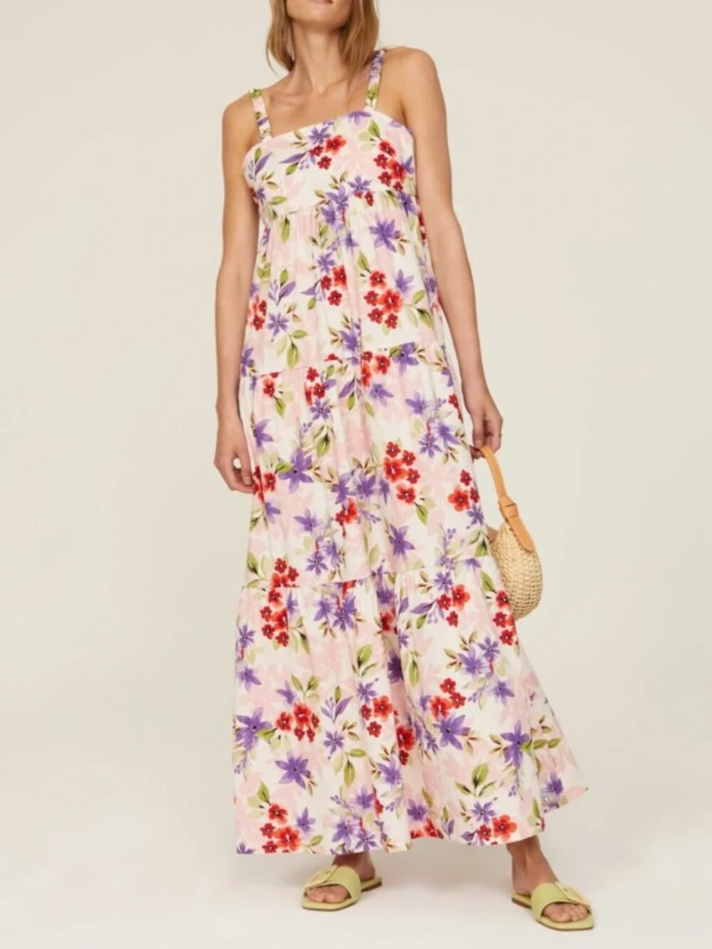 Louna Lavender Floral Maxi Sun Dress Pink Low back Tiered Cotton Flowy Party M